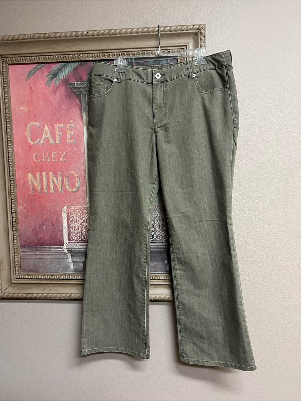 Chico's Platinum Utimate Fit Olive Green Barely Flare Jeans 14 Short